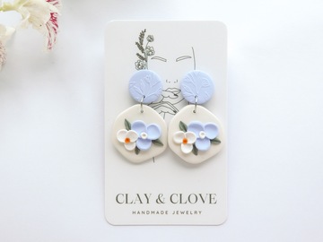  : Pastel Blue Floral Bouquet Handmade Polymer Clay Earrings
