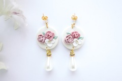  : Elegant Muted Pink Floral Bouquet Handmade Polymer Clay Earrings