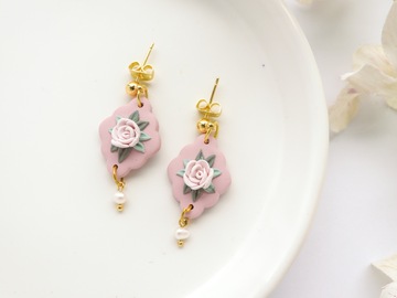  : Rose with Tiny Pearls Handmade Polymer Clay Earrings