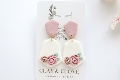  : Blush Pink Floral Handmade Dangle Polymer Clay Earrings