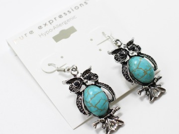 Liquidation/Wholesale Lot: Dozen New Antique Style Turquoise Owl Earrings E1415