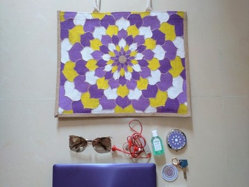  : Hand Painted Mandala Jute Bag purple yellow tone