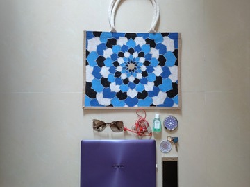  : Hand Painted Mandala Jute Bag blue black white tone