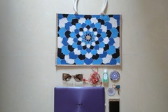  : Hand Painted Mandala Jute Bag blue black white tone