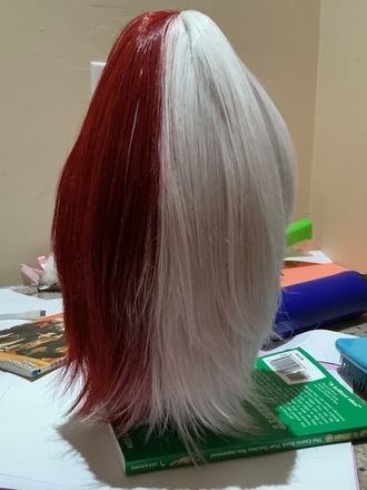 Red and white splitdyed todoroki wig w UA uniform 
