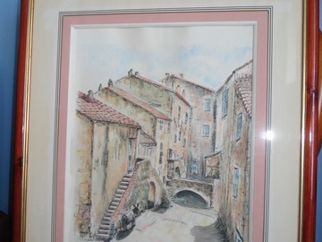Vente: Village Corse : aquarelle et encre - Cadre 54 x 43 cm