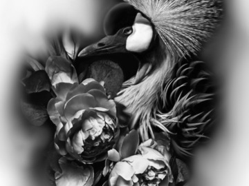 Tattoo design: Crowned crane with peonies
