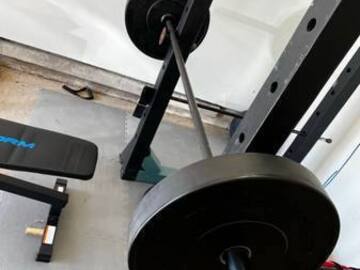 Selling: Barbell and Bumper plates with medicine balls