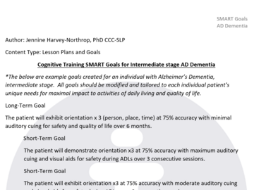 Digital Resource: Cognitive Training SMART Goals for Intermediate stage AD Dementia