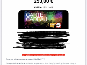 Vente: e-Carte cadeau Fnac Darty (250€)