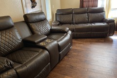 Selling without online payment: Soft brown leather reclining sofa and reclining loveseat - new