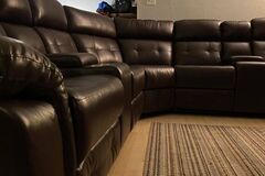 Selling with online payment: Brown leather reclining sectional with cupholders - New
