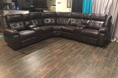 Selling with online payment:  Brown leather reclining sectional with cup holders - new