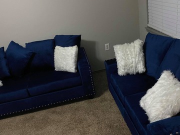 Selling with online payment: Modern velvet blue sofa and love seat with nailhead accents - new