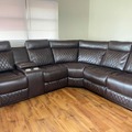 Selling with online payment: Soft grey leather reclining sectional with cup holders - new