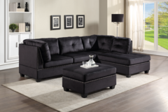 Selling with online payment: Black tufted velvet sectional with ottoman - new