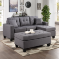 Selling with online payment: Grey linen tufted reversible sectional and ottoman - new
