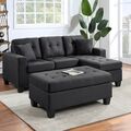 Selling with online payment: Black linen tufted reversible sectional and ottoman - new