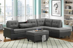 Selling with online payment: Two toned grey/black reversible sectional with storage ottoman