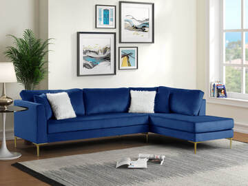 Selling with online payment: Contemporary style blue velvet sectional with nailhead trim -new