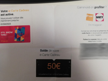 Vente: e-Carte cadeau Fnac-Darty (50€)