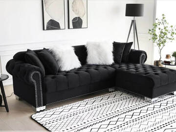 Selling with online payment: Luxurious tufted black velvet sectional with nailhead trim - new
