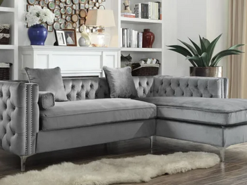 Selling with online payment: Modern button tufted grey velvet sectional with nailhead trim