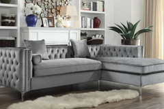 Selling with online payment: Modern button tufted grey velvet sectional with nailhead trim