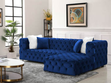 Selling with online payment: Modern button tufted blue velvet sectional - new