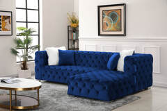 Selling with online payment: Modern button tufted blue velvet sectional - new