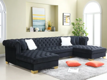 Selling with online payment: Modern oversized black velvet U-sectional with nailhead trim