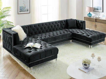 Selling with online payment: Modern tufted black velvet U-sectional with nailhead trim