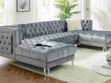 Selling with online payment: Modern tufted grey velvet U-sectional with nailhead trim