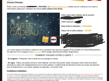 Vente: e-Carte Cadeau Fnac-Darty (100€)