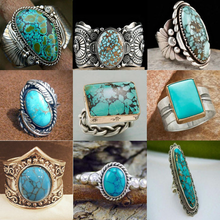 100pcs Vintage Indian Style Blue Plaid Turquoise Ring for Women