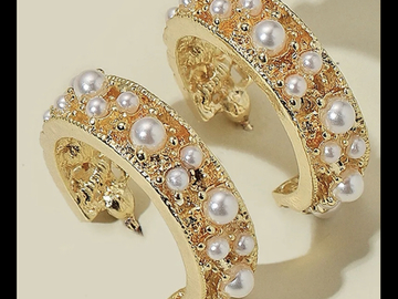 Bulk Lots: 25pairs/lot C-Shaped Gold-tone Pearl Hoop Earrings