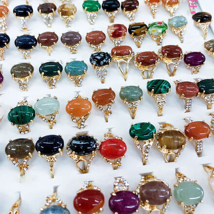 Egg Shape Natural Stone Ring Mixed Box Set - 100pcs