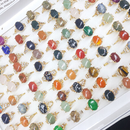 Egg Shape Natural Stone Ring Mixed Box Set - 100pcs