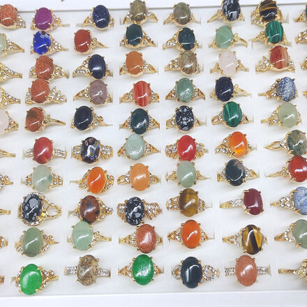 Egg Shape Natural Stone Ring Mixed Box Set - 100pcs