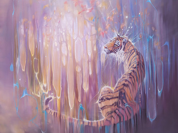 Sell Artworks: Tiger in the Ether is a 40x40x1.5 inches purple oil painting of a