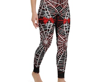 Selling with online payment: Womens Spider Web Cosplay Yoga Leggings with Fiery Red Bows