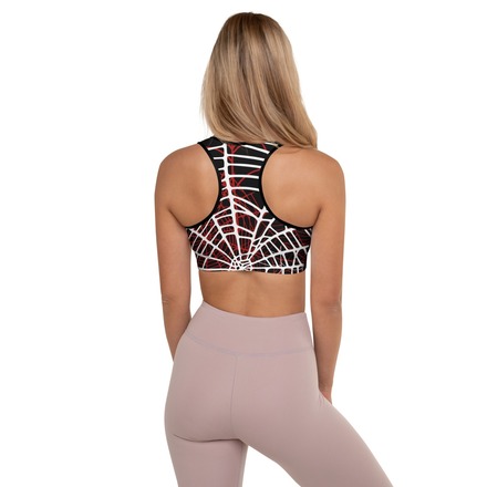 Womens Spider Web Cosplay Yoga Sports Bra with Fiery Red Bows
