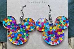 Selling with online payment: Rainbow Dot Mousehead Dangle Earring Laser cut crystal acrylic