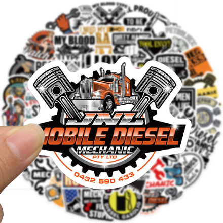 Cartoon Diesel Engine Mechanic Waterproof Sticker - 50 Pack