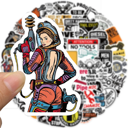 Cartoon Diesel Engine Mechanic Waterproof Sticker - 50 Pack