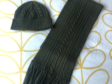 Selling: Sylvester olive wool cable knit scarf and beanie