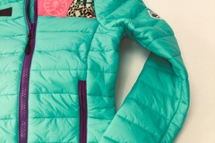 Winter sports: Pink trim, jade green, as new, puffer jacket