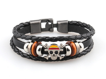 Bulk Lots: 100PCS Men's Leather Bracelet Wooden Beads Anime Skull PU Bracele
