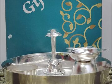 Haz una oferta: German Silver Round Pooja Thali Set Return Gifts Diwali Pooja 