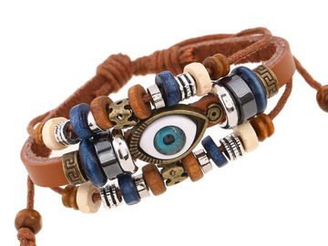 Bulk Lots: 50PCS Beaded Eye Snap Color Cowhide Bracelet